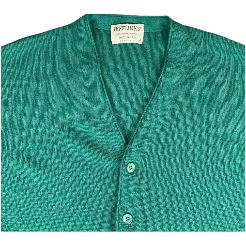 Vintage 70’s Lord Jeff Knit Cardigan Sweater Men Size Large Green Made In USA